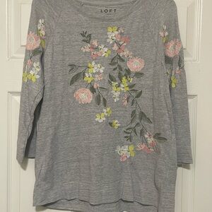 LOFT Heather Gray sweater with Floral Embroidery